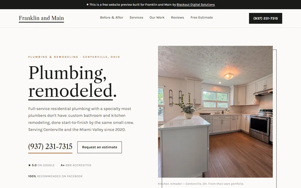Franklin and Main remodeling website with before/after slider