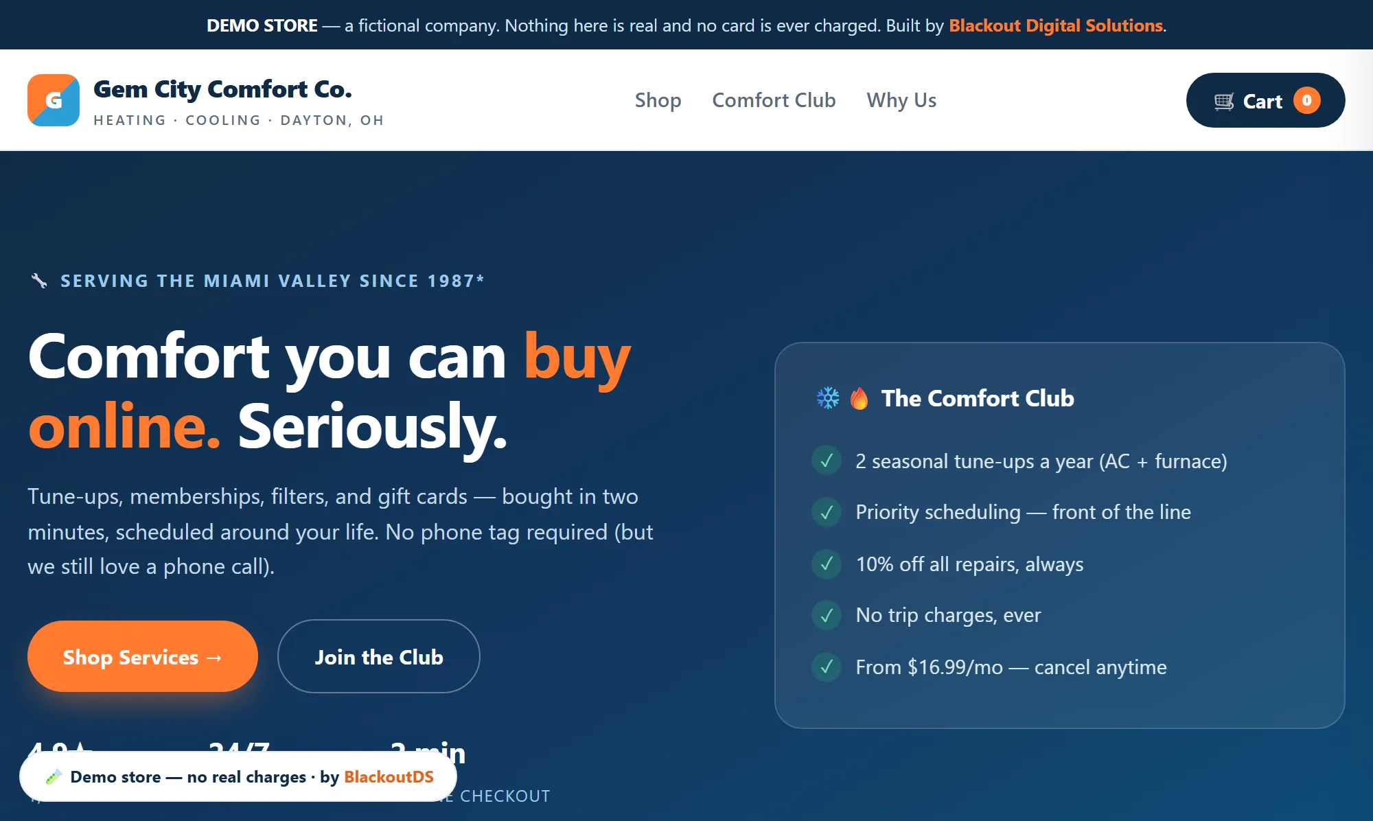 E-commerce demo store Blackout Digital Solutions built for Gem City Comfort Co., a fictional Dayton HVAC company